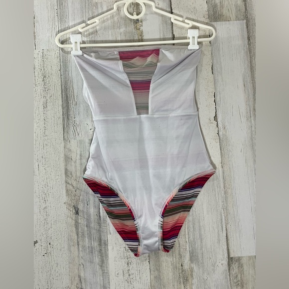 Victoria Secret One Piece Strapless Belted Swim Suit Striped Sheer panels Small - Picture 13 of 14
